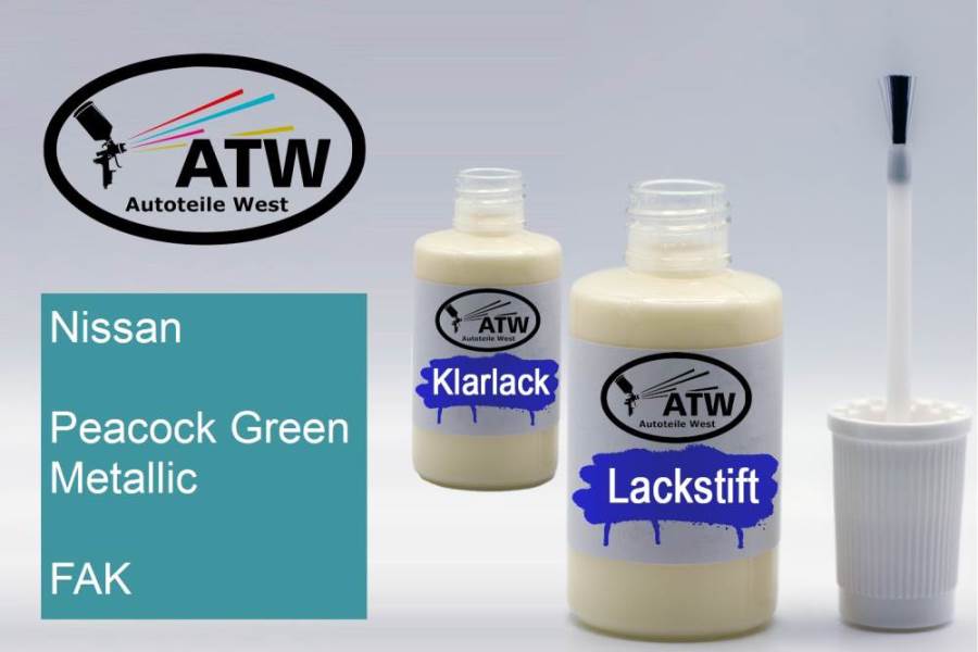 Nissan, Peacock Green Metallic, FAK: 20ml Lackstift + 20ml Klarlack - Set, von ATW Autoteile West.